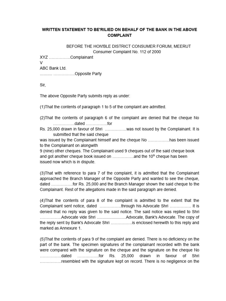 Written Statement To Be - Rilied On Behalf of The Bank in The Above ...