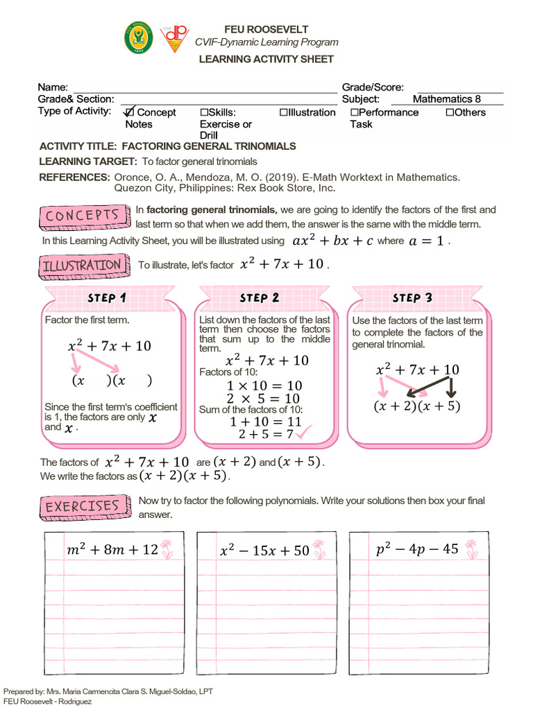 Learning activity sheet no 5 factoring general trinomials pdf