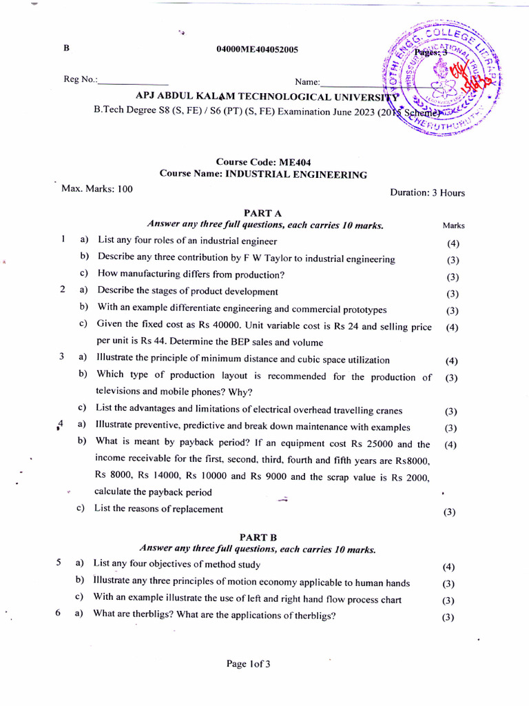 Me404 Industrial Engineering, June 2023 | PDF | Time | Industrial ...