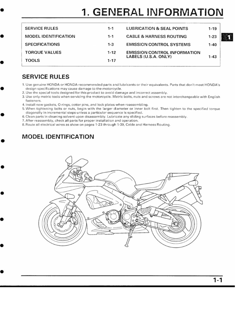 2000-2001 Honda CBR929RR Fireblade Service Manual PG 1-50 | PDF
