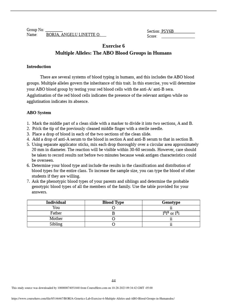 BORJA Genetics Lab Exercise 6 Multiple Alleles and ABO Blood Groups in ...