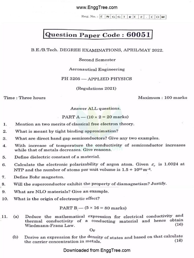 PH3205 Applied Physics Apr May 2022 Question Paper Download | PDF