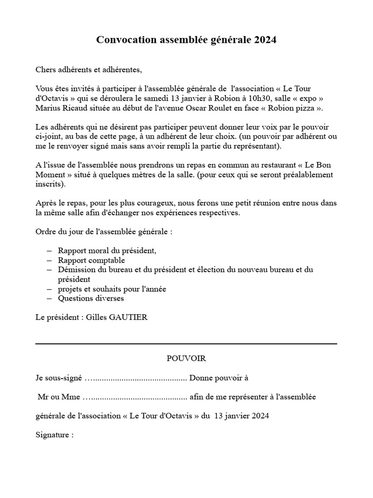 Convocation AG Le Tour d'Octavis 2024 | PDF