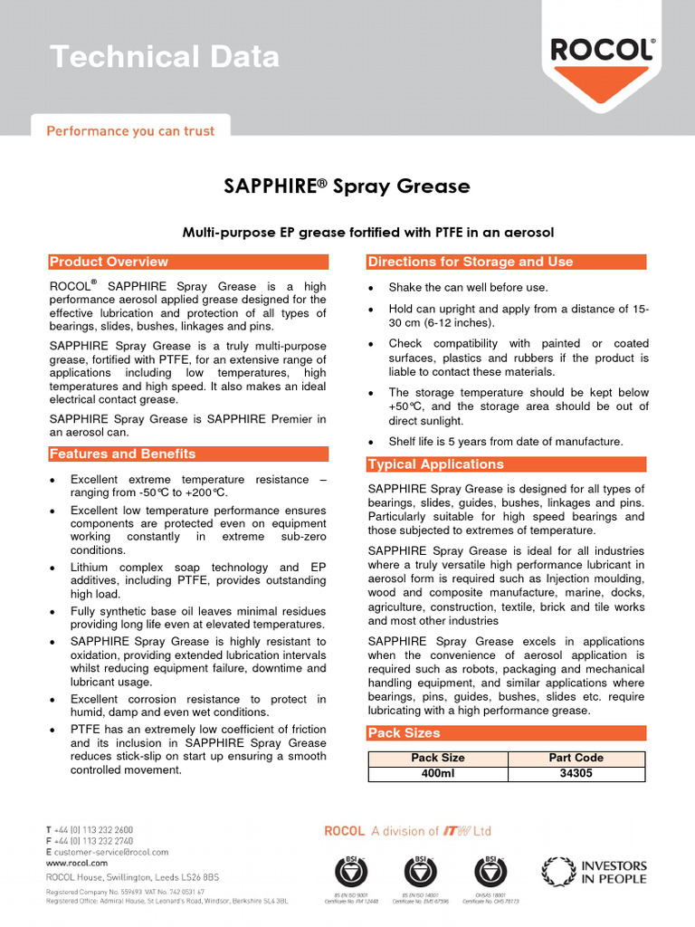 Sapphire Spray Grease GB PDF Lubricant Industrial Processes