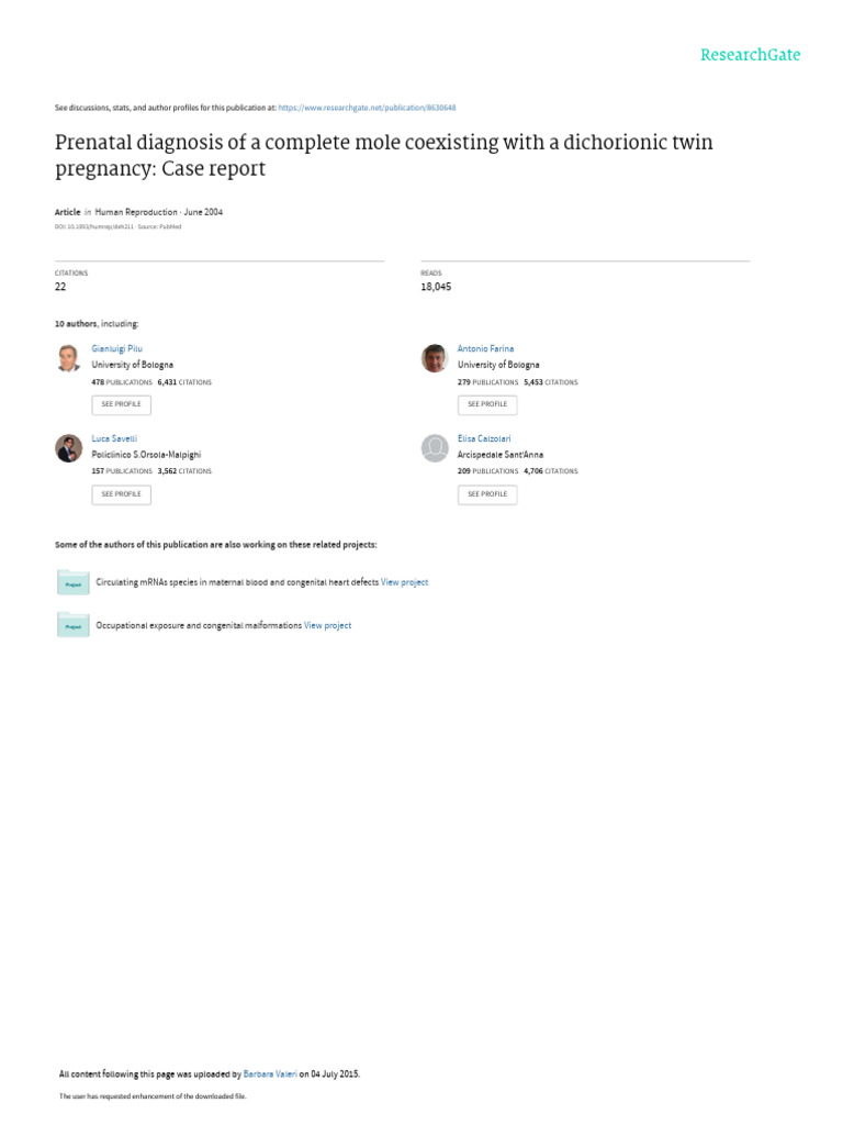 Prenatal Diagnosis of A Complete Mole Coexisting W | PDF | Miscarriage