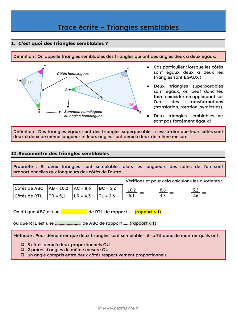 Triangles Semblables : Définitions et Propriétés | PDF | Géométrie ...