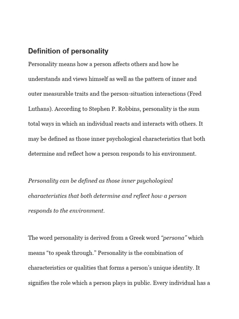 WHAT IS THE DEFINITION AND MEANING OF PERSONALITY intelligence overview