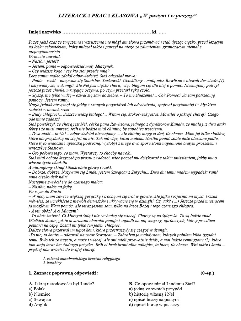 Praca Klasowa Z Dziadów Cz 3 W Pustyni I W Puszczy Praca Klasowa | PDF