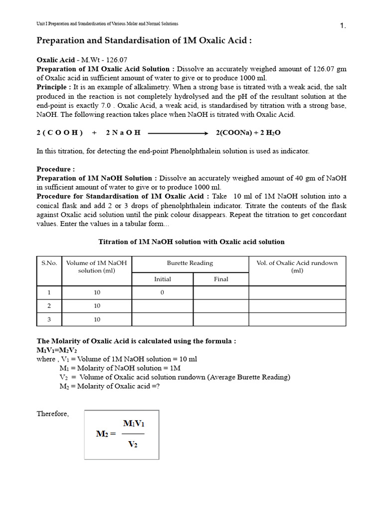 Prep And Stadn Of Various Molar Normal Sols Pdf Chemistry Titration