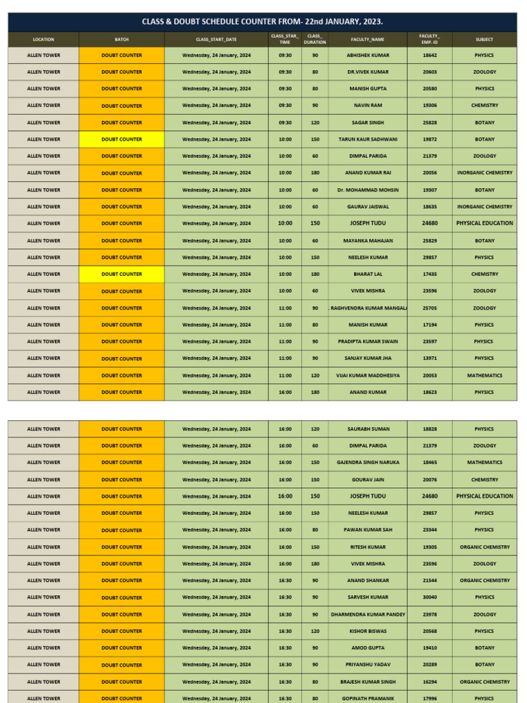 Allen Tower Doubt Counter Schedule | PDF