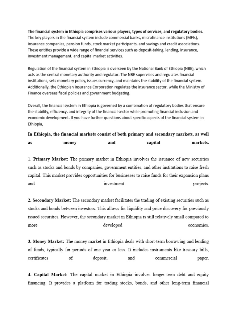 The Financial System in Ethiopia Comprises Various Players | PDF