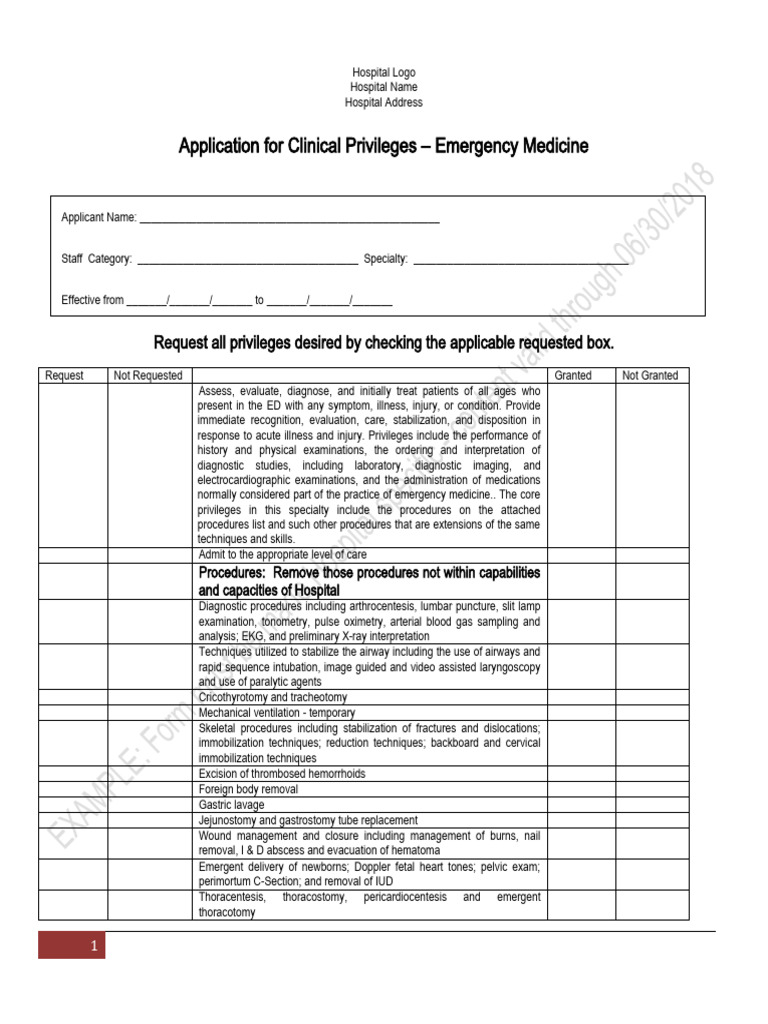 Emergency Medicine Privilege Form PDF Medical Ultrasound Physical