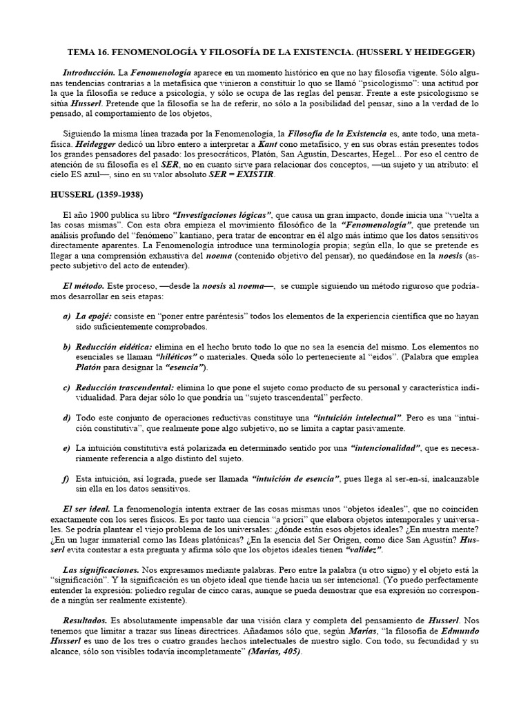 Fenomenologia y Filosofia de La Existencia. (Husserl y Heidegger) | PDF ...