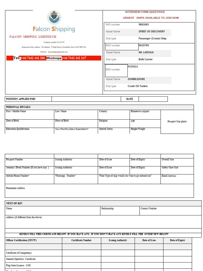 Falcon Shipping Interview Application Form | PDF