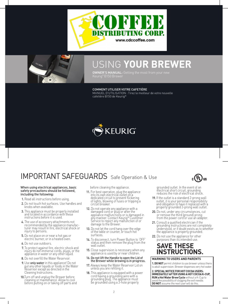 Keurig b150 User Manual Brewing Dishwasher