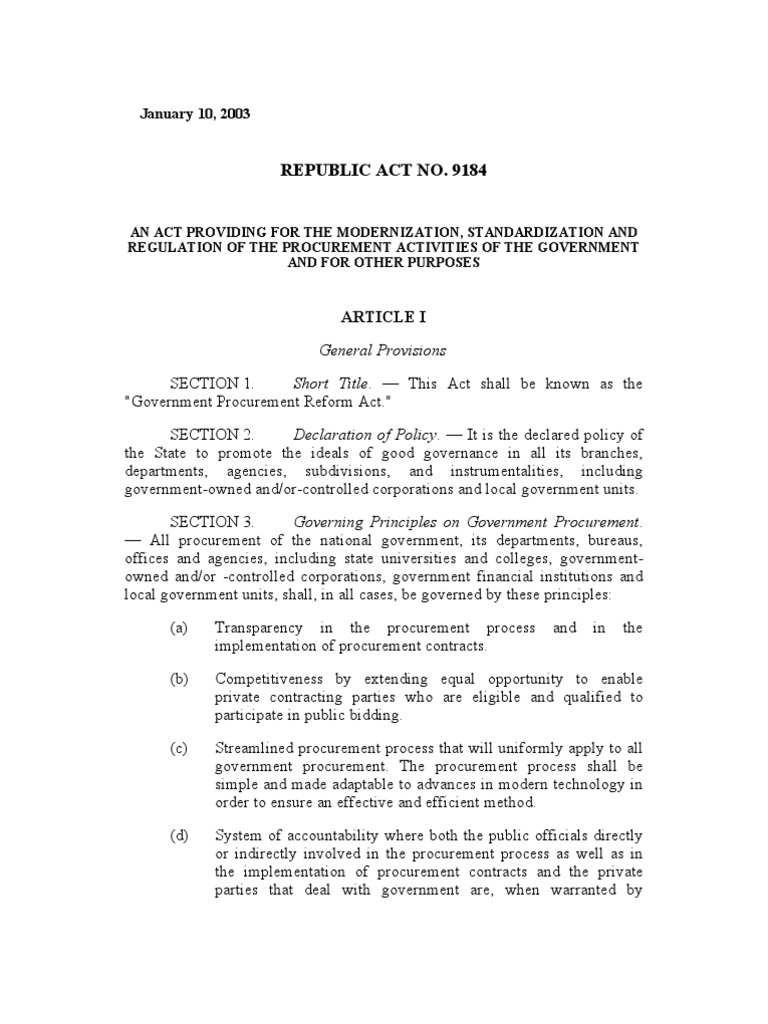 R.A. 9184 - Government Procurement Reform Act | PDF | Finance & Money ...