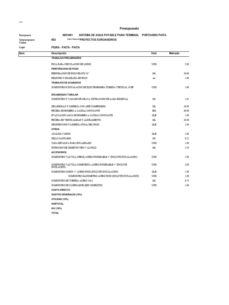 Presupuesto Sistema Agua Paita | PDF | Hidrología | Ingeniería Ambiental