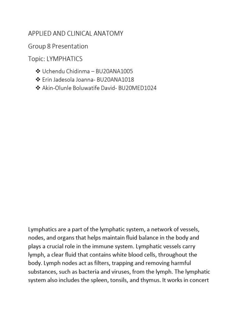 Ana 407 Group 8 Presentation (Lymphatics) | PDF