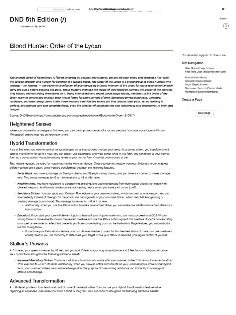 Blood Hunter: Order of The Lycan | PDF