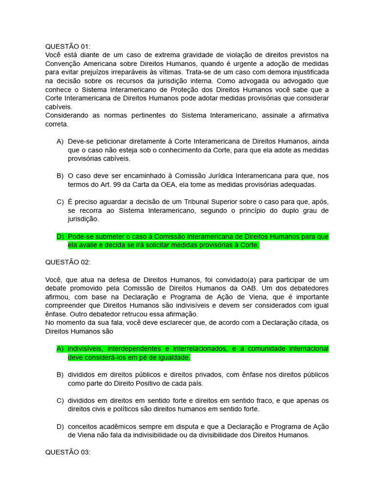 QUESTÕES DIREITOS Humanos VA2 | PDF | Direitos Humanos | Justiça