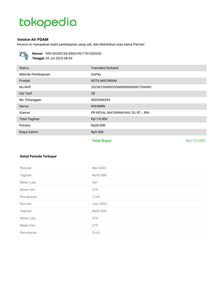 Invoice Pembayaran Air PDAM Mataram | PDF