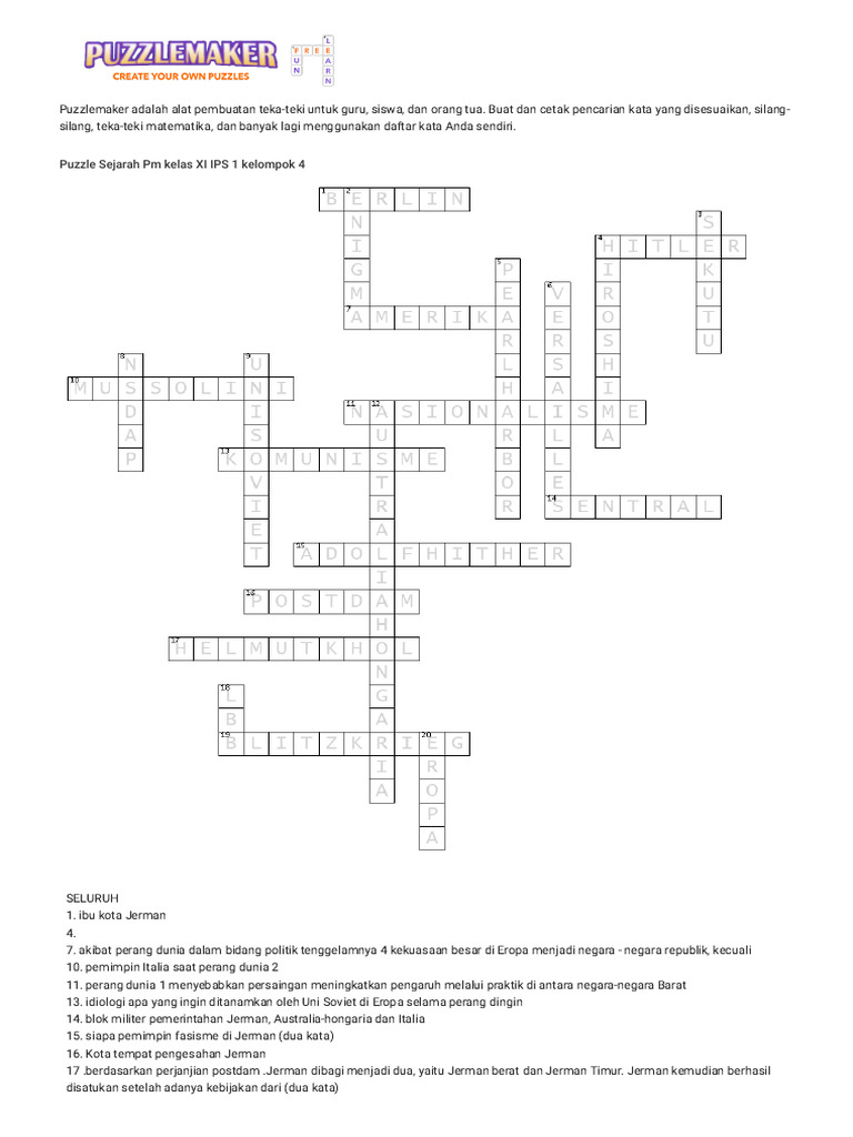 Teka Teki Silang Sejarah Peminatan Kelas 11 Ips Materi Perang Dunia 1