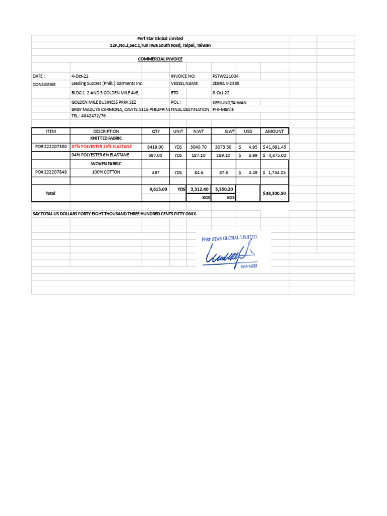 Commercial Invoice for Fabric Shipment | PDF