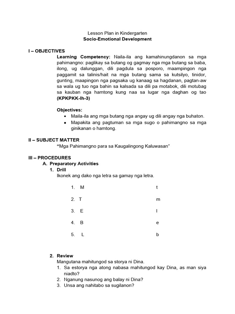 Cot 2 Lesson Plan In Kindergarten Pdf