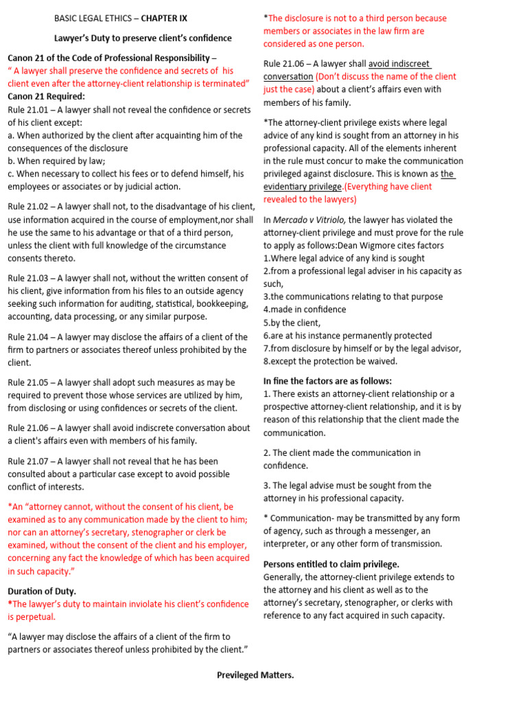 BASIC LEGAL ETHICS Chapter IX Notes PDF AttorneyClient Privilege
