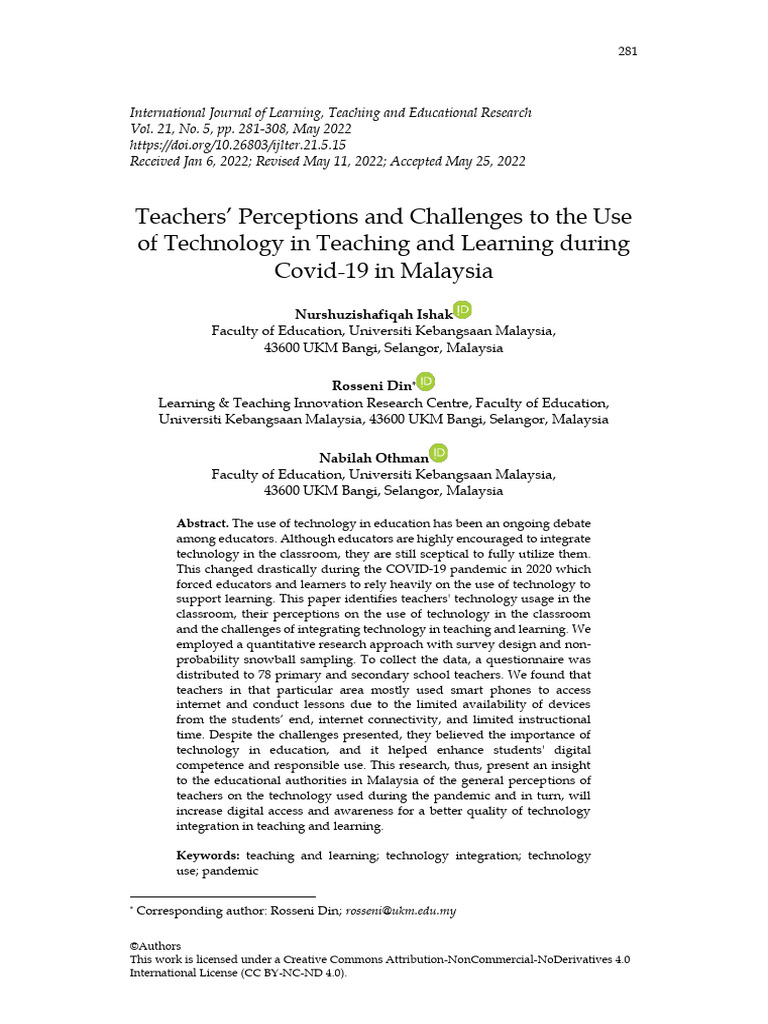 Teachers' Perceptions and Challenges To The Use of Technology in ...