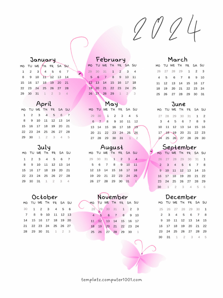 Pink Butterflies Calendar 2024 Computer1001 PDF