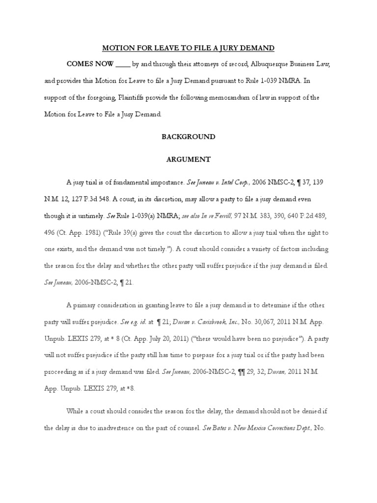 Motion For Leave To File A Jury Demand Template PDF Federal Rules