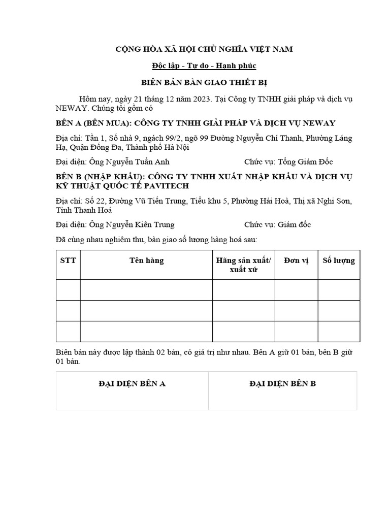 Biên bản bàn giao thiết bị | PDF