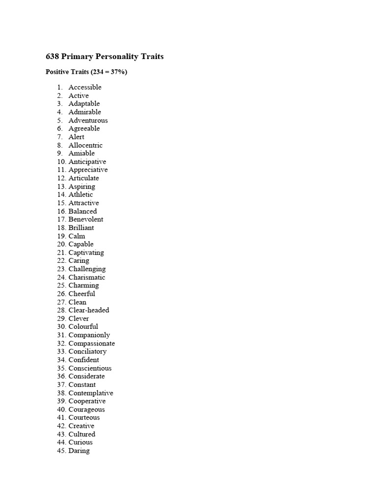 638 Primary Personality Traits List | PDF | Behavioural Sciences ...
