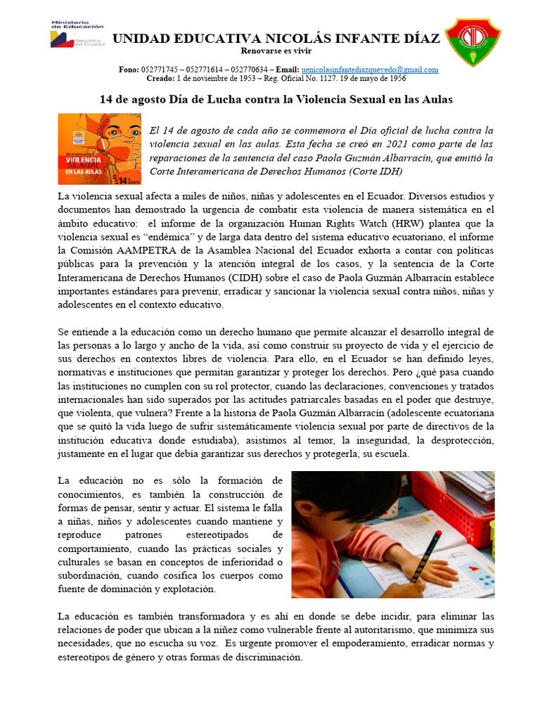 14 de Agosto Día de Lucha Contra La Violencia Sexual en Las Aulas | PDF ...