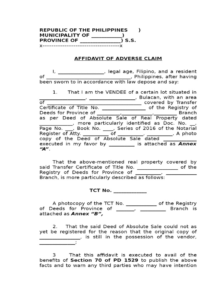 Affidavit of Adverse Claim Sample _ TOAZ.info | PDF