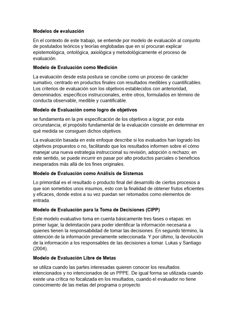 Modelos de Evaluación Educativa | PDF | Evaluación | Teoría