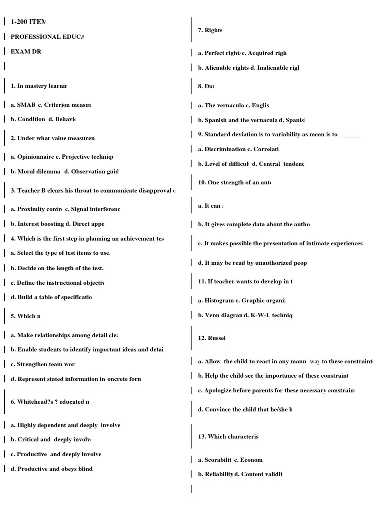 1 200 items prof ed exam drill pdf learning teachers