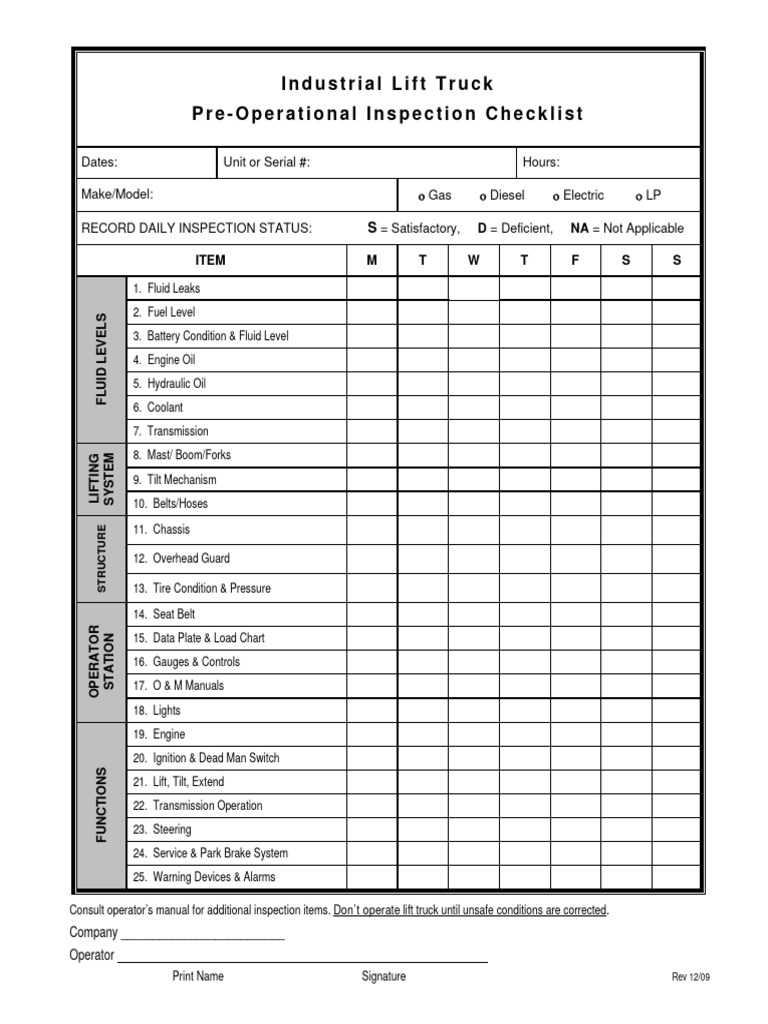 Main industrial lift truck pre operational inspection checklist