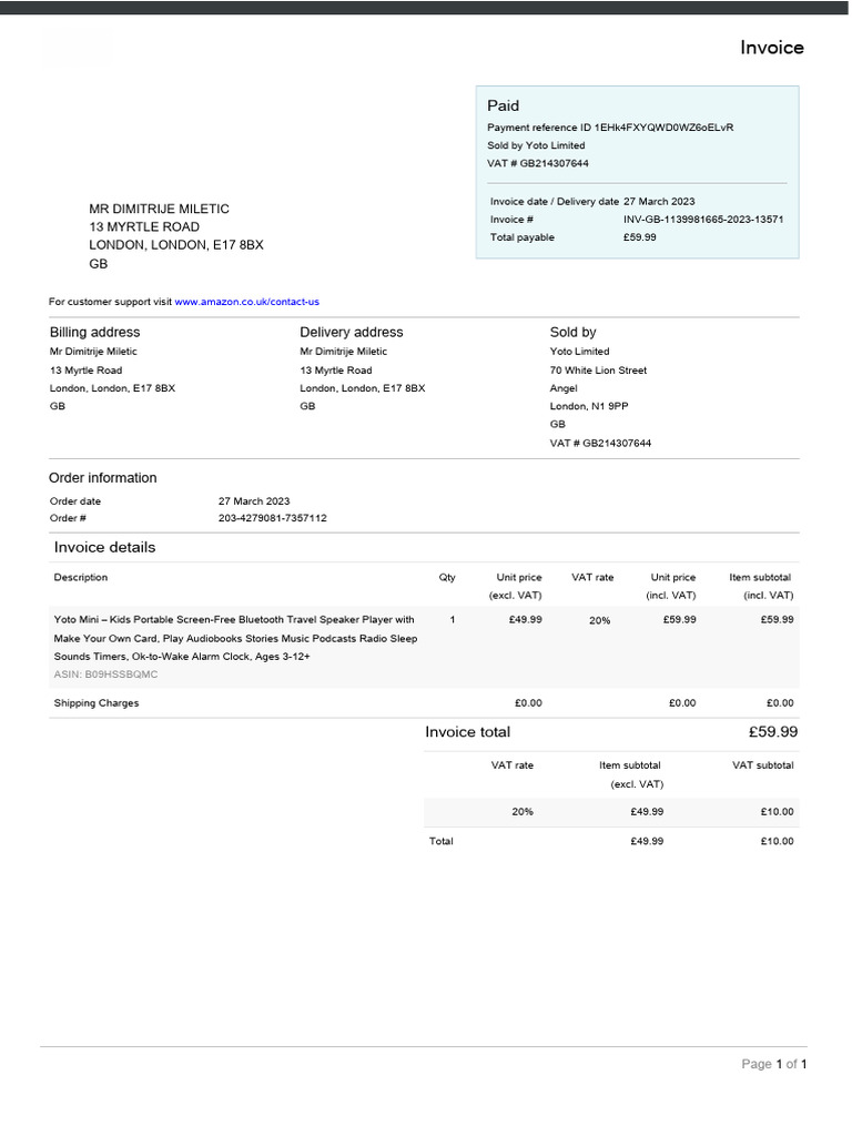 Invoice Summary for Yoto and LEGO Purchases | PDF | Invoice | Value ...