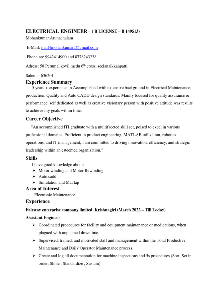 Electrical Engineer Resume - Mohankumar A. | PDF | Electrician ...