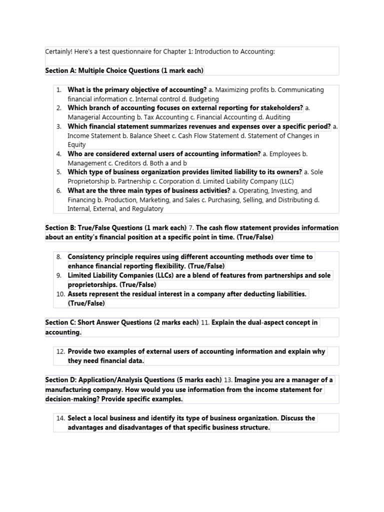 Chapter 1 Test Questions | PDF | Accounting | Financial Accounting