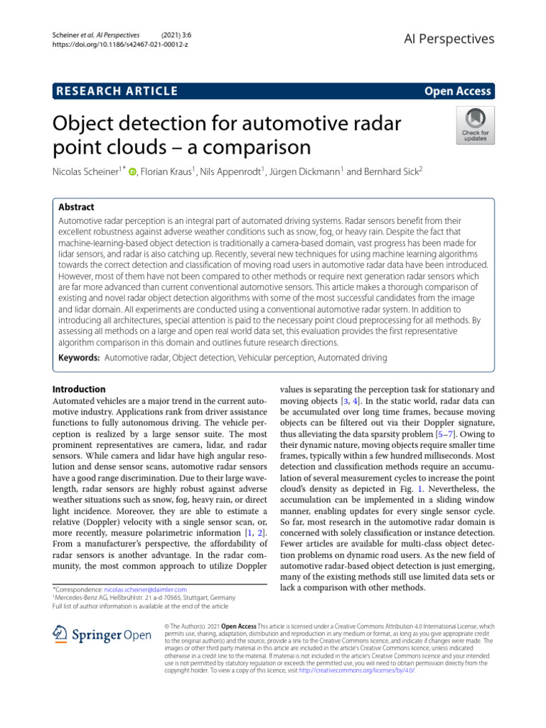 Object Detection For Automotive Radar Point Clouds - A Comparison | PDF
