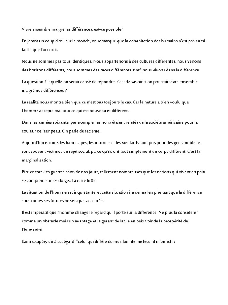 Vivre ensemble : accepter les différences | PDF