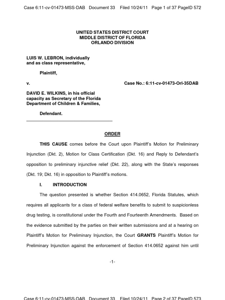 Judge Orders Injunction on Florida's Welfare Drug Testing Law Fourth