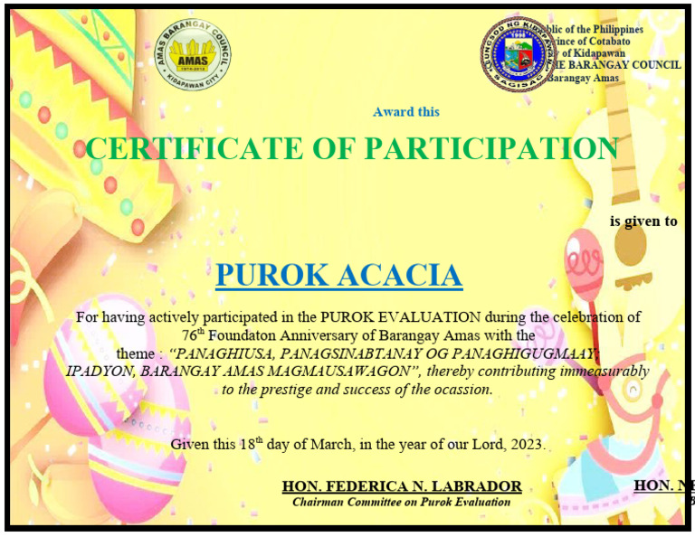 Certificate of Participation for Purok Acacia | PDF