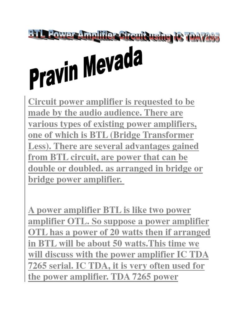 BTL Power Amplifier Circuit Using IC TDA7265 | PDF