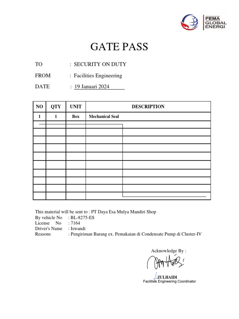 GATE PASS MATERIAL_MECHANICAL SEAL PDF