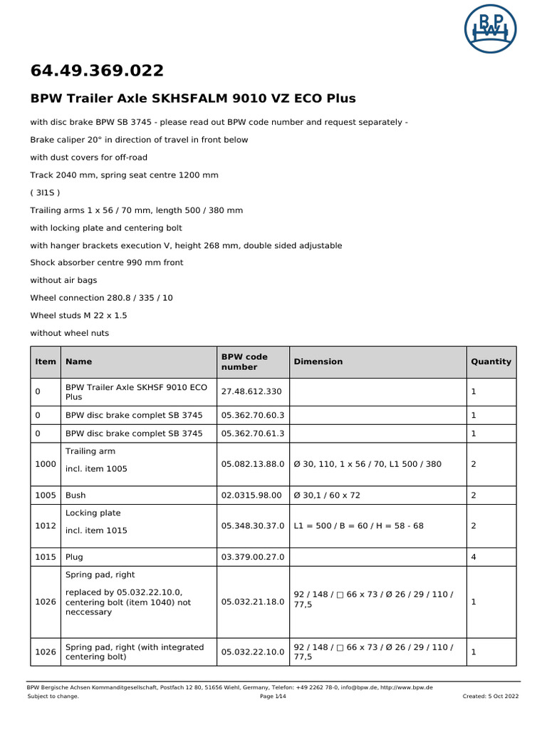 Bpw trailer axle skhsfalm 9010 vz eco plus item name bpw code number