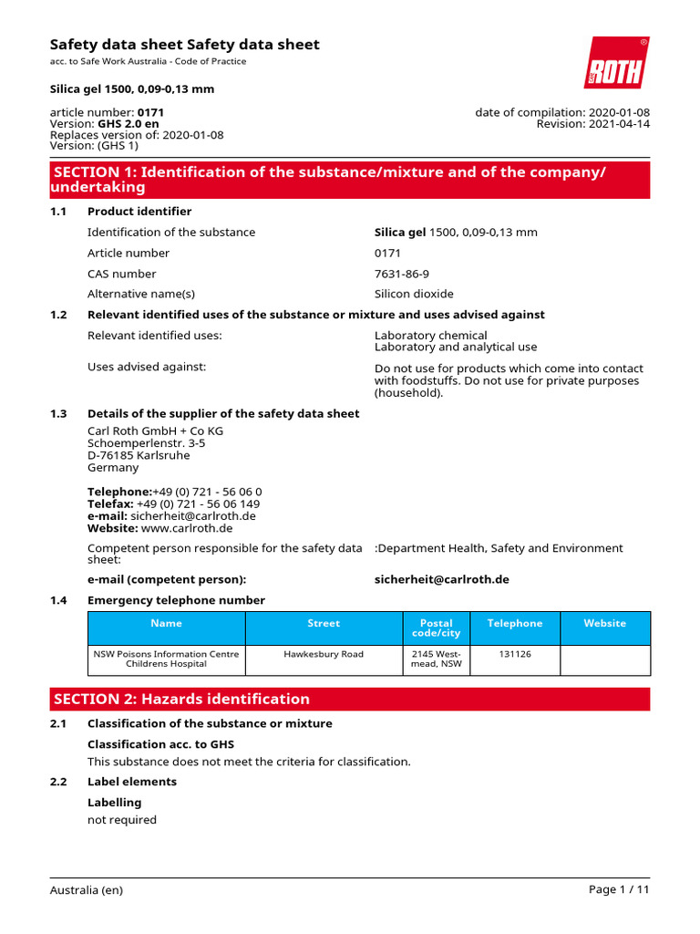 Silica Gel PDF Dangerous Goods Toxicity